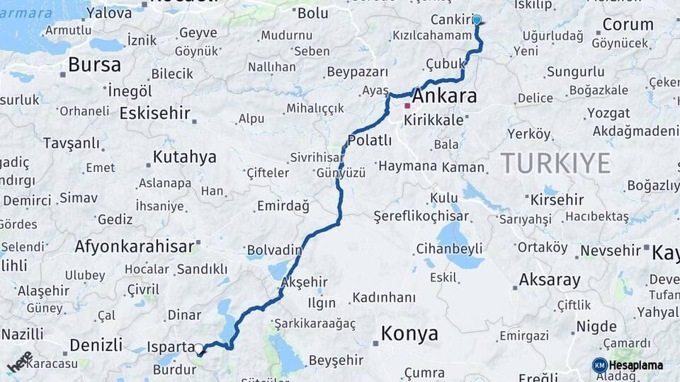 Çankırı Isparta Arası Kaç Km - Yol Haritası