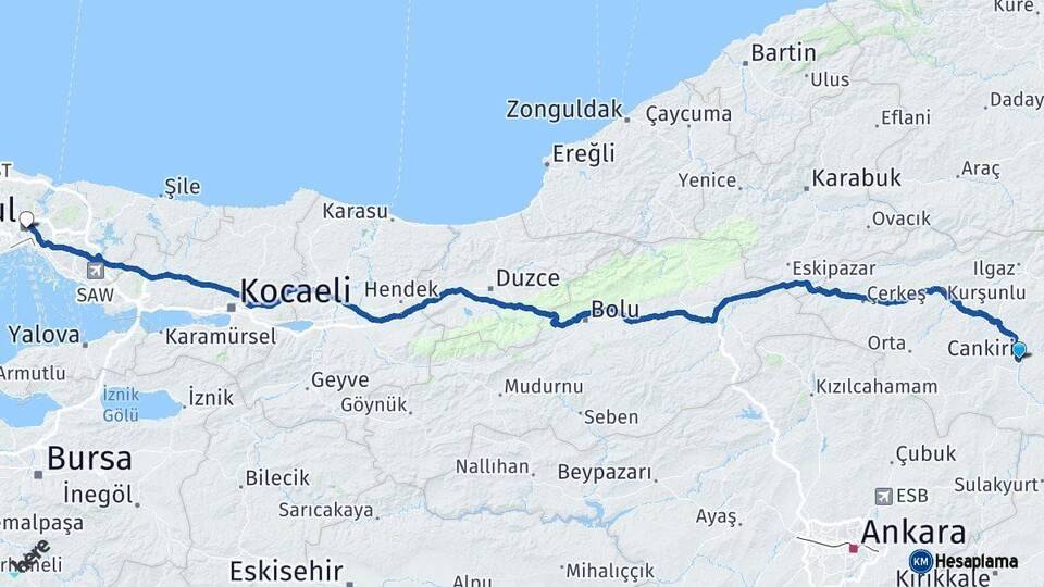 Çankırı İstanbul Arası Kaç Km - Yol Haritası