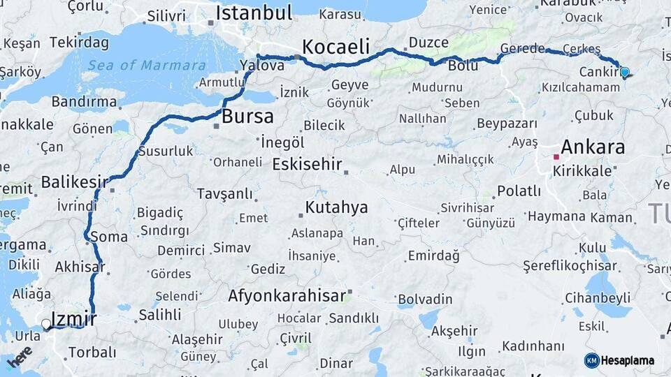 Çankırı İzmir Arası Kaç Km - Yol Haritası