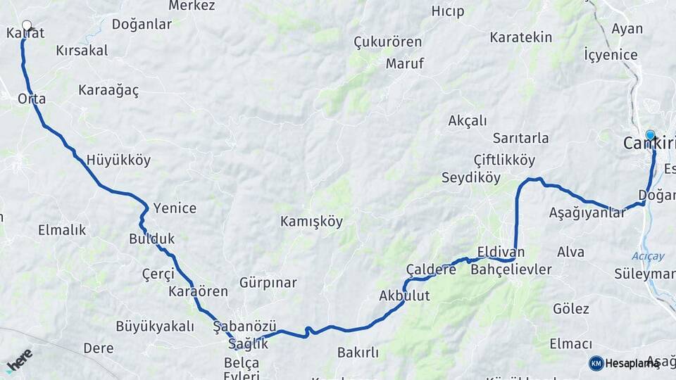 Çankırı Kalfat Orta Arası Kaç Km - Yol Haritası