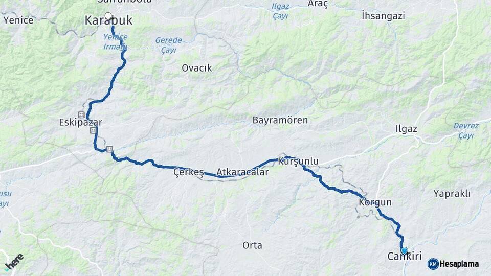 Çankırı Karabük Arası Kaç Km - Yol Haritası