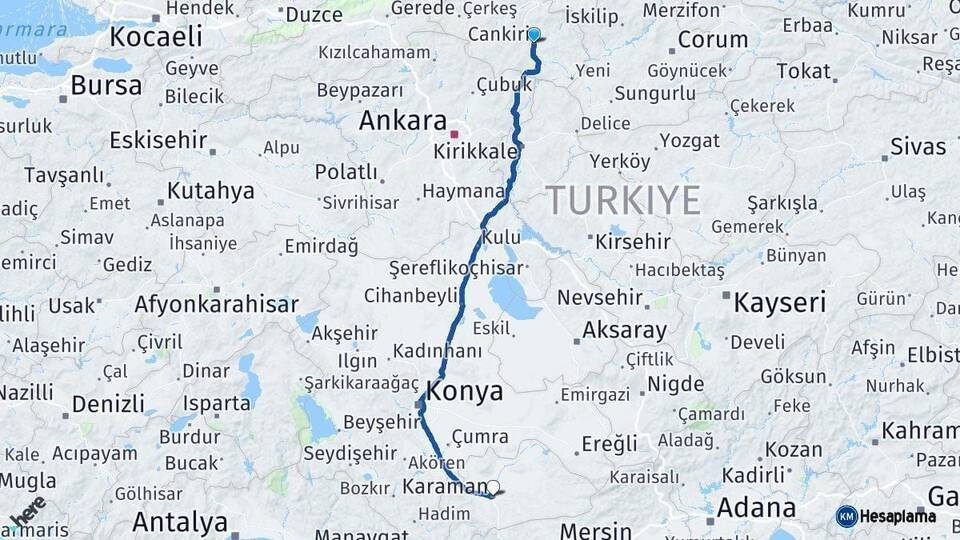 Çankırı Karaman Arası Kaç Km - Yol Haritası