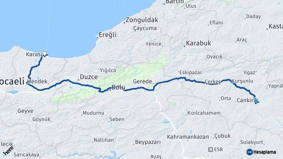 Çankırı Karasu Sakarya Arası Kaç Km - Yol Haritası
