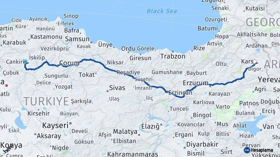 Çankırı Kars Arası Kaç Km - Yol Haritası