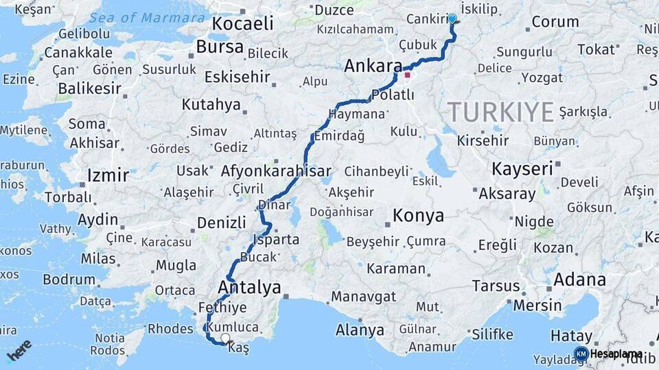 Çankırı Kaş Antalya Arası Kaç Km - Yol Haritası