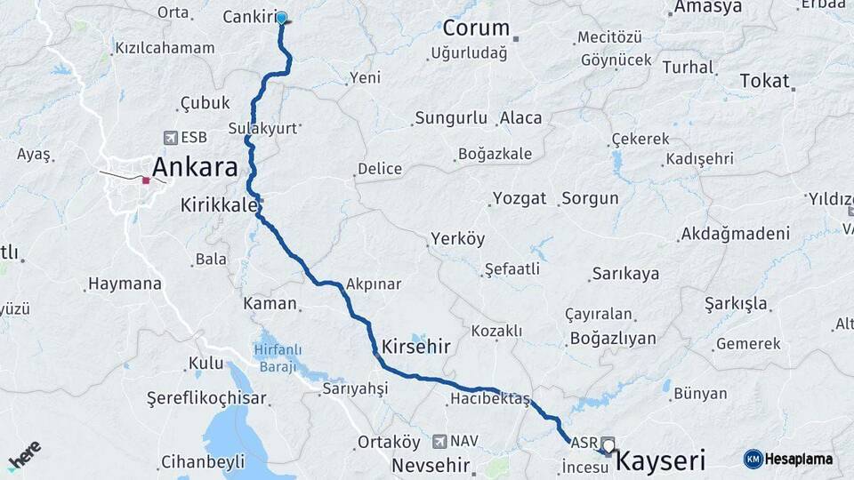 Çankırı Kayseri Arası Kaç Km - Yol Haritası
