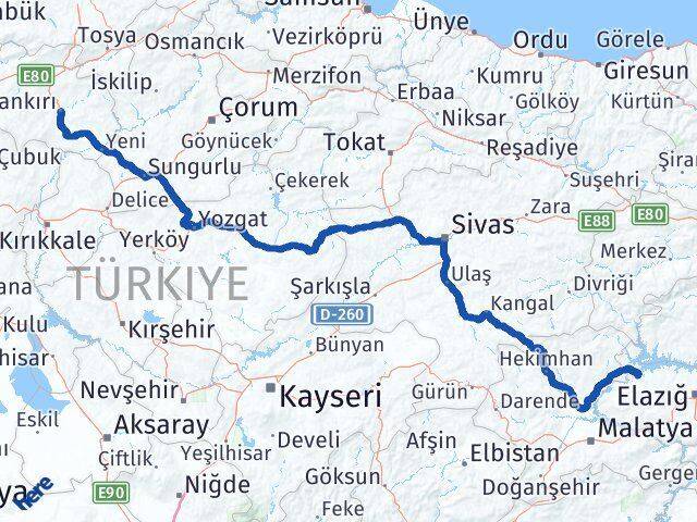 Çankırı Keban Elazığ Arası Kaç Km - Yol Haritası