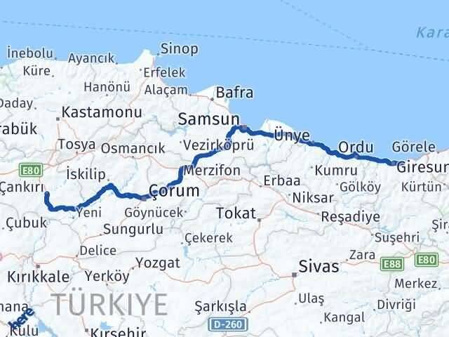Çankırı Keşap Giresun Arası Kaç Km - Yol Haritası
