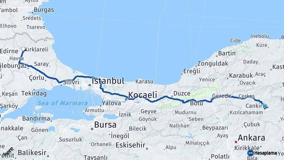 Çankırı Kırklareli Arası Kaç Km - Yol Haritası