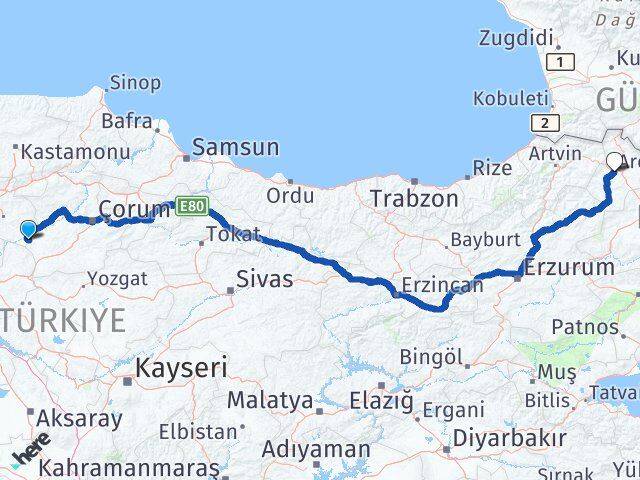 Çankırı Kızılırmak Ardahan Arası Kaç Km - Yol Haritası