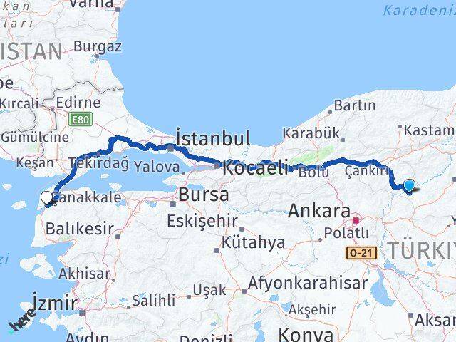 Çankırı Kızılırmak Çanakkale Arası Kaç Km - Yol Haritası