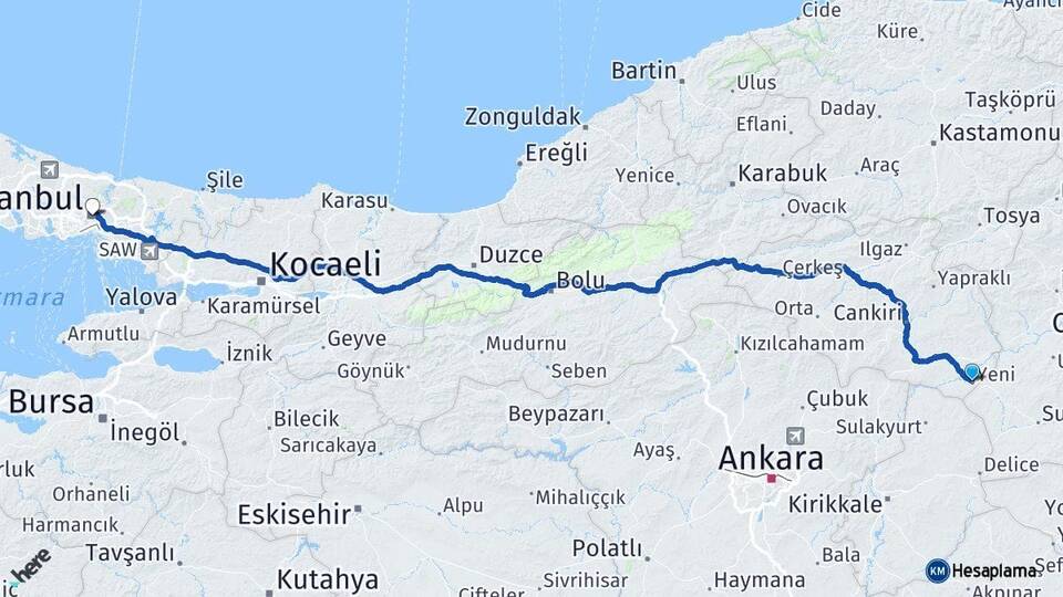 Çankırı Kızılırmak İstanbul Arası Kaç Km - Yol Haritası