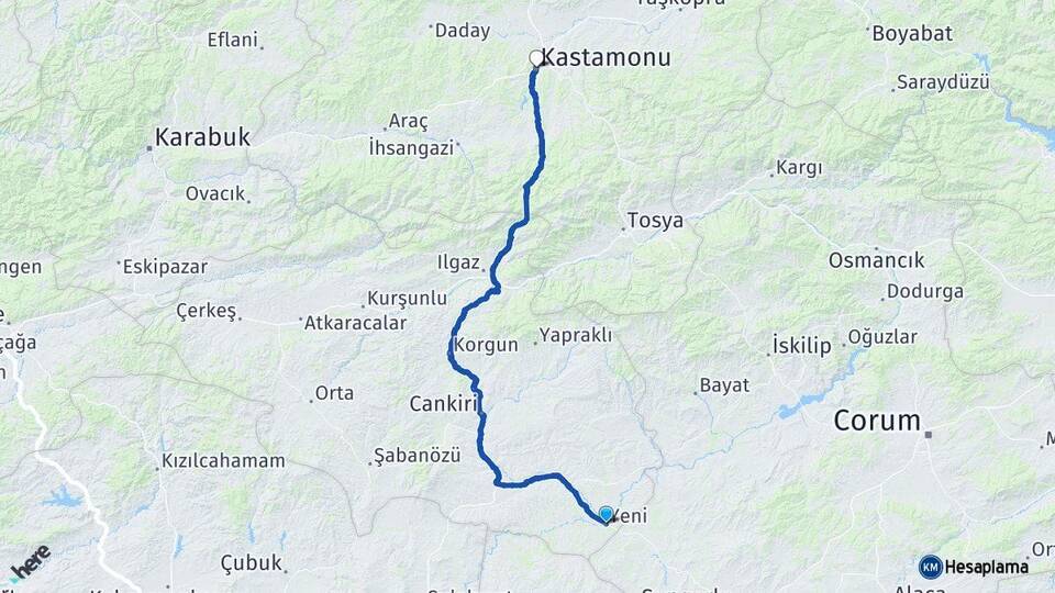 Çankırı Kızılırmak Kastamonu Arası Kaç Km - Yol Haritası