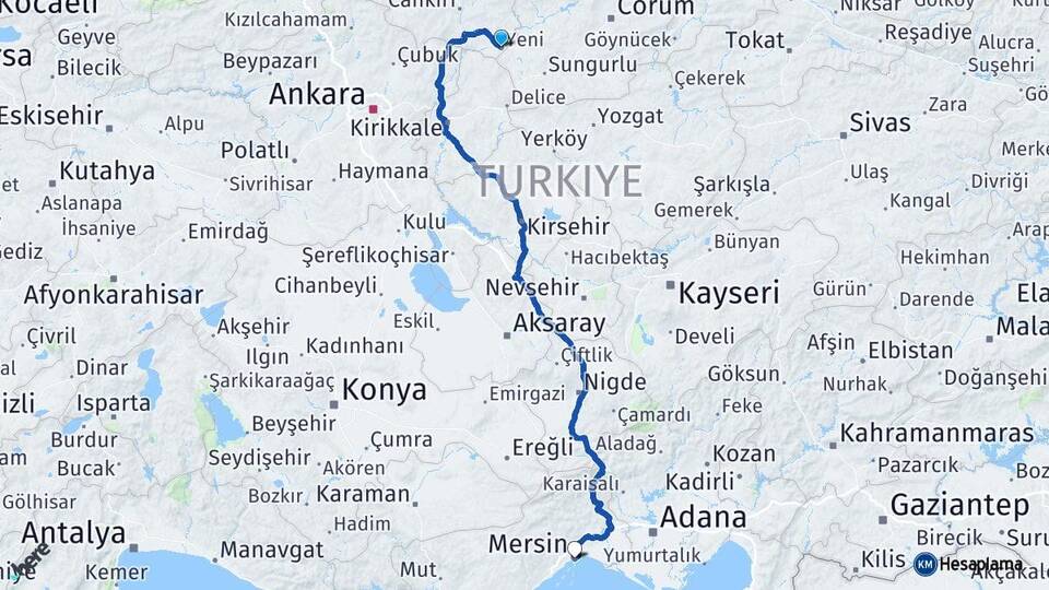 Çankırı Kızılırmak Mersin Arası Kaç Km - Yol Haritası