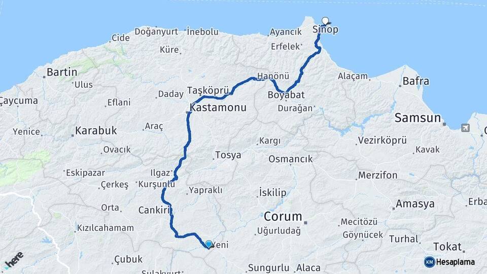 Çankırı Kızılırmak Sinop Arası Kaç Km - Yol Haritası
