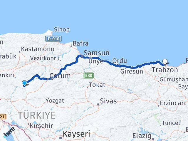 Çankırı Kızılırmak Trabzon Arası Kaç Km - Yol Haritası