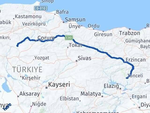 Çankırı Kızılırmak Tunceli Arası Kaç Km - Yol Haritası