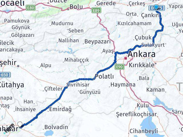 Çankırı Korgun Afyonkarahisar Arası Kaç Km - Yol Haritası