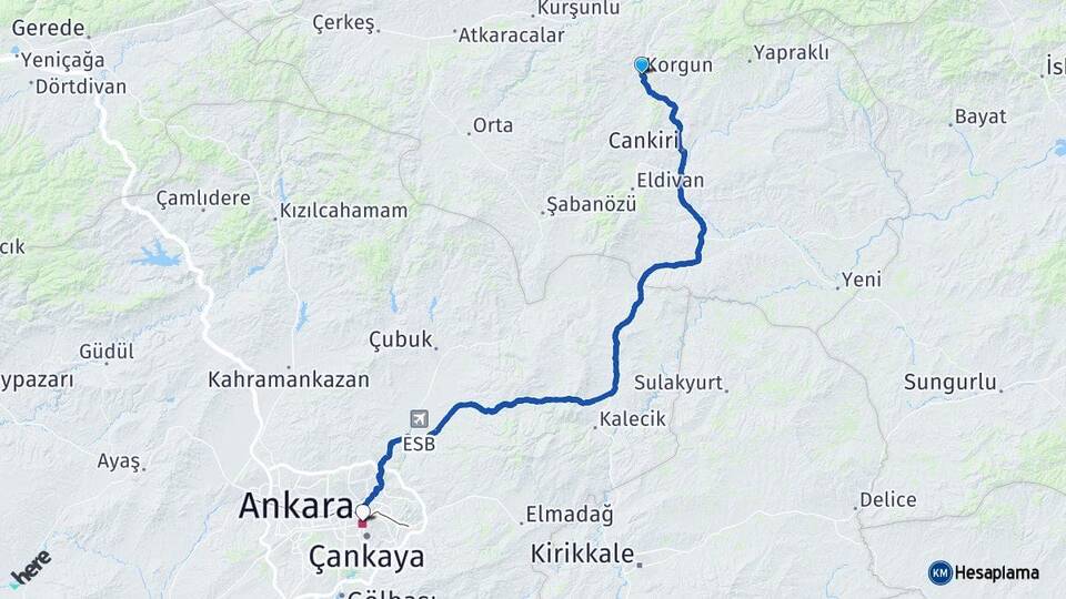 Çankırı Korgun Ankara Arası Kaç Km - Yol Haritası