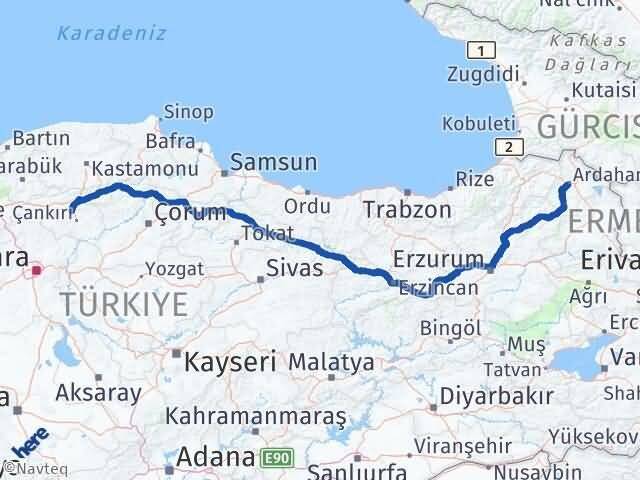 Çankırı Korgun Ardahan Arası Kaç Km - Yol Haritası