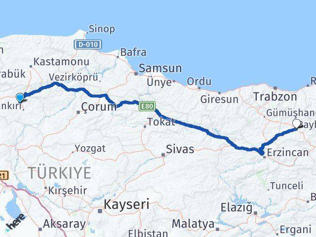 Çankırı Korgun Bayburt Arası Kaç Km - Yol Haritası