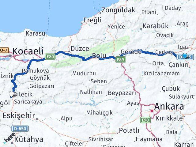 Çankırı Korgun Bilecik Arası Kaç Km - Yol Haritası