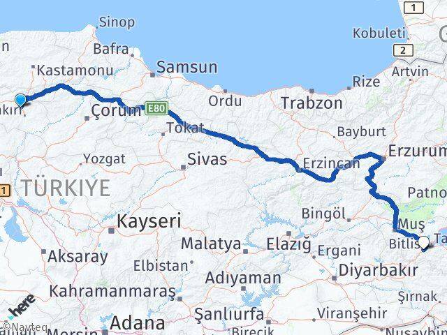 Çankırı Korgun Bitlis Arası Kaç Km - Yol Haritası