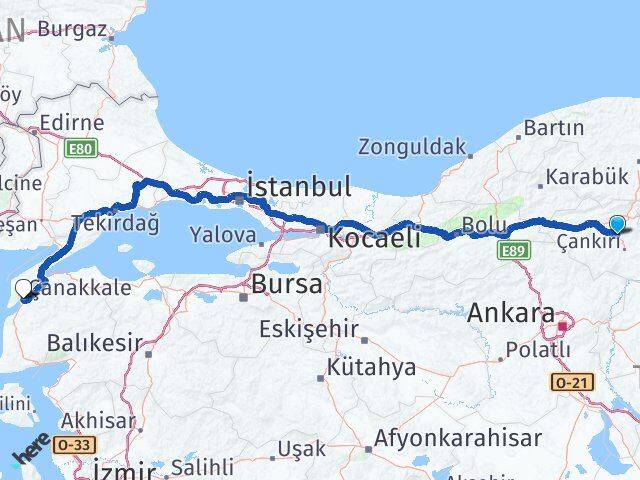 Çankırı Korgun Çanakkale Arası Kaç Km - Yol Haritası
