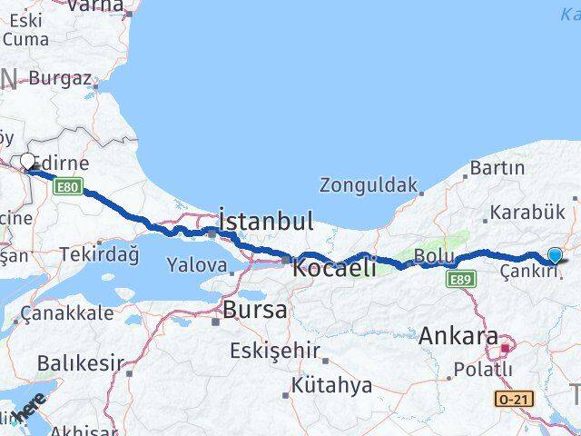 Çankırı Korgun Edirne Arası Kaç Km - Yol Haritası