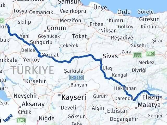 Çankırı Korgun Elazığ Arası Kaç Km - Yol Haritası