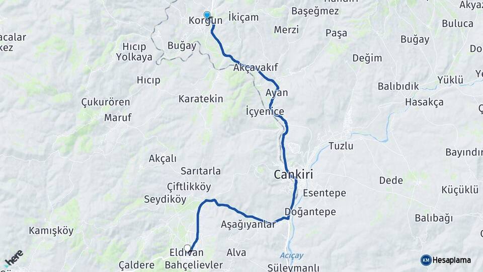 Çankırı Korgun Eldivan Arası Kaç Km - Yol Haritası