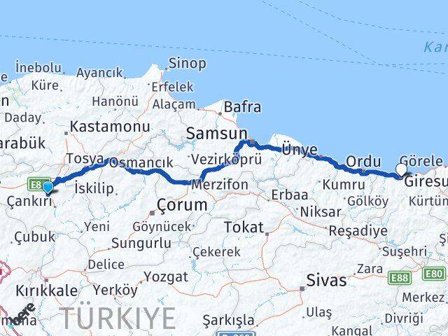 Çankırı Korgun Giresun Arası Kaç Km - Yol Haritası
