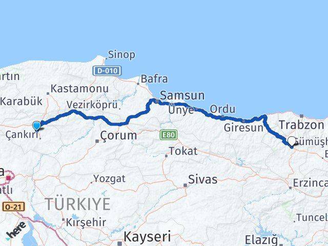 Çankırı Korgun Gümüşhane Arası Kaç Km - Yol Haritası