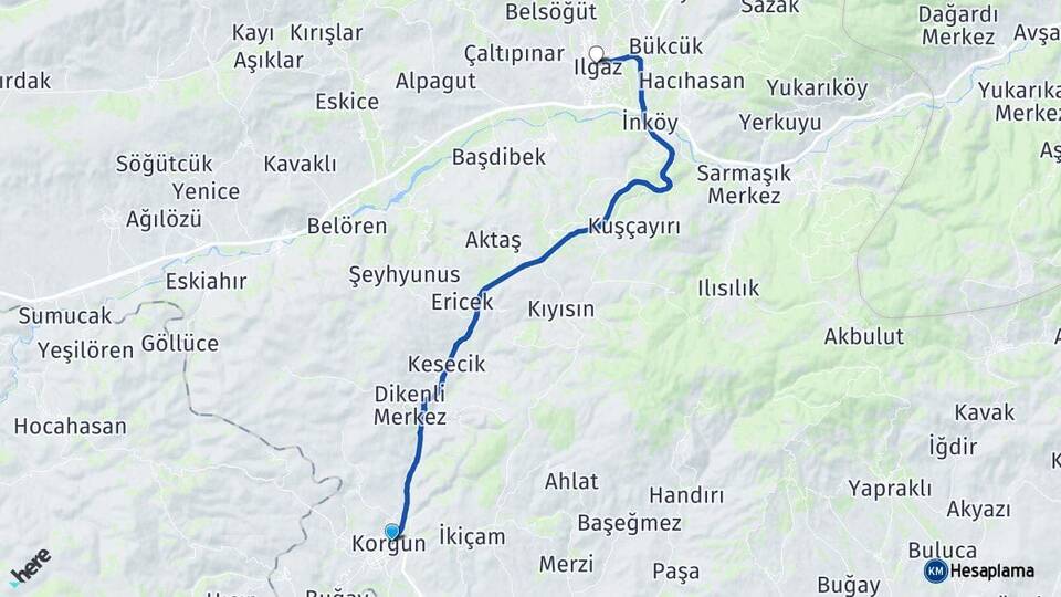 Çankırı Korgun Ilgaz Arası Kaç Km - Yol Haritası