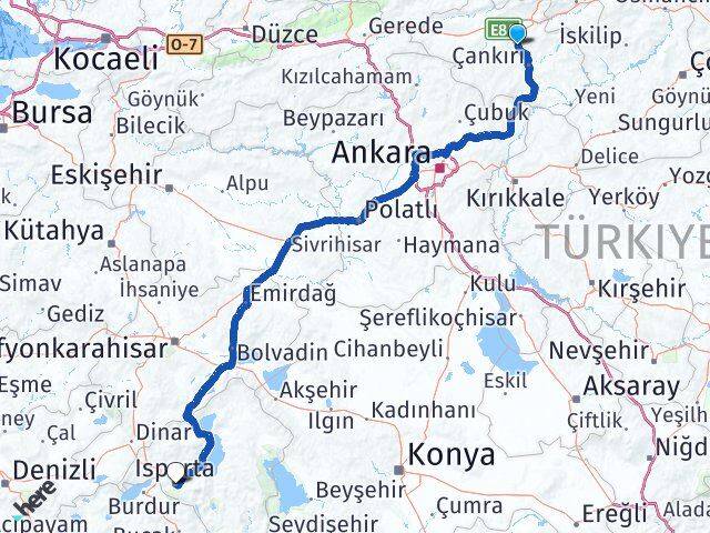 Çankırı Korgun Isparta Arası Kaç Km - Yol Haritası