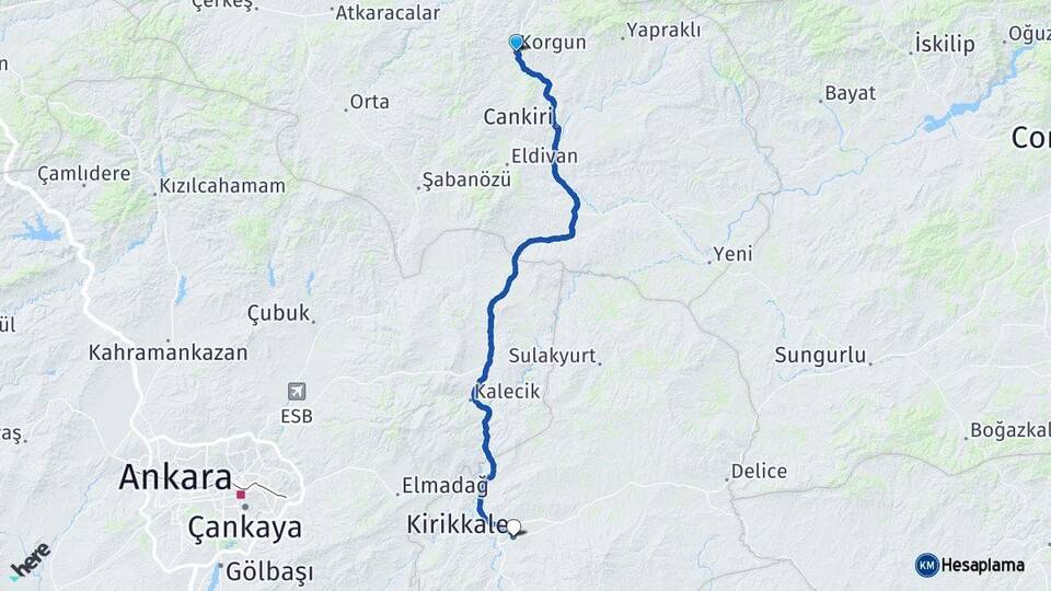 Çankırı Korgun Kırıkkale Arası Kaç Km - Yol Haritası