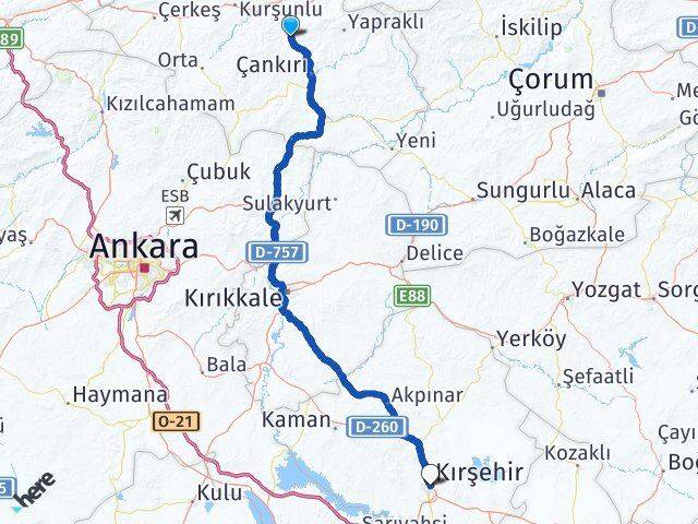 Çankırı Korgun Kırşehir Arası Kaç Km - Yol Haritası