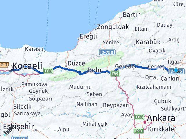 Çankırı Korgun Kocaeli Arası Kaç Km - Yol Haritası