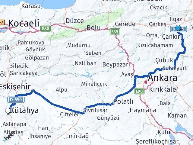 Çankırı Korgun Kütahya Arası Kaç Km - Yol Haritası
