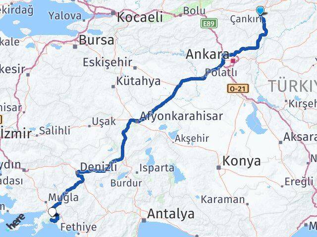 Çankırı Korgun Muğla Arası Kaç Km - Yol Haritası