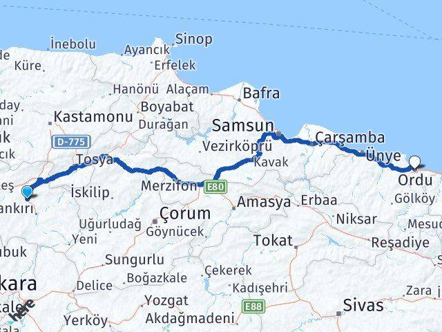 Çankırı Korgun Ordu Arası Kaç Km - Yol Haritası
