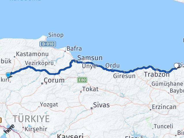 Çankırı Korgun Rize Arası Kaç Km - Yol Haritası