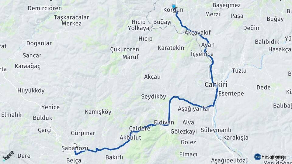 Çankırı Korgun Şabanözü Arası Kaç Km - Yol Haritası