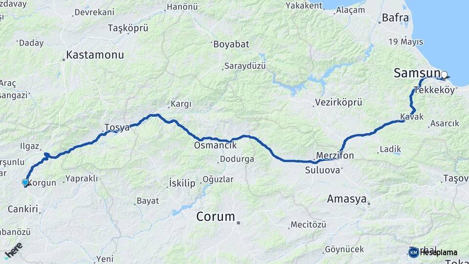 Çankırı Korgun Samsun Arası Kaç Km - Yol Haritası