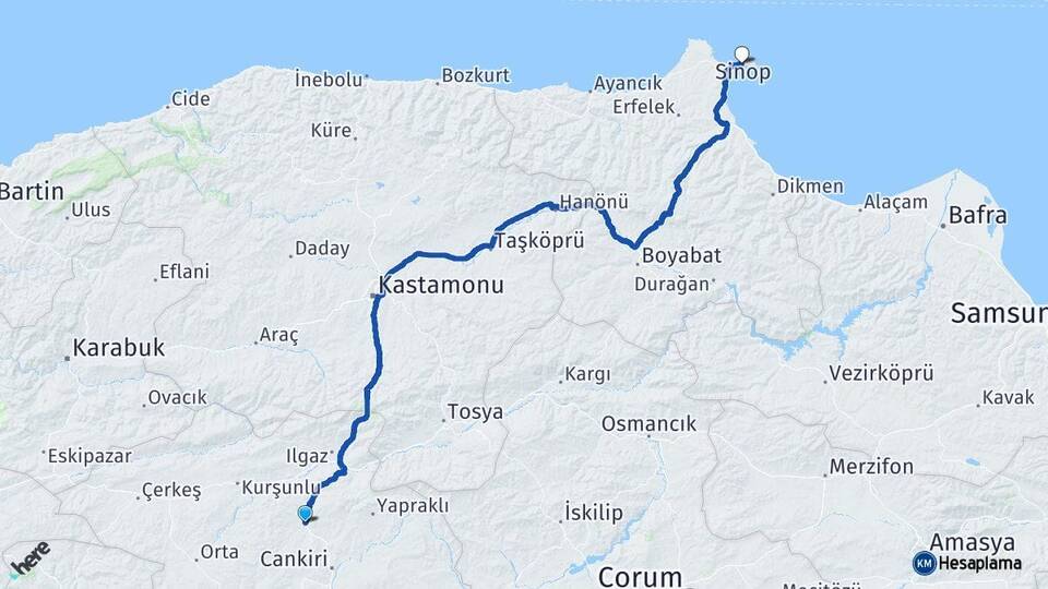 Çankırı Korgun Sinop Arası Kaç Km - Yol Haritası