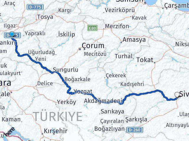 Çankırı Korgun Sivas Arası Kaç Km - Yol Haritası