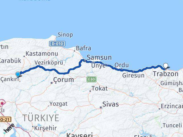 Çankırı Korgun Trabzon Arası Kaç Km - Yol Haritası