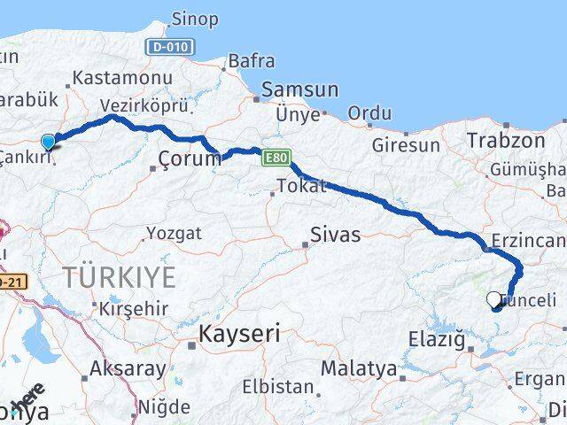 Çankırı Korgun Tunceli Arası Kaç Km - Yol Haritası