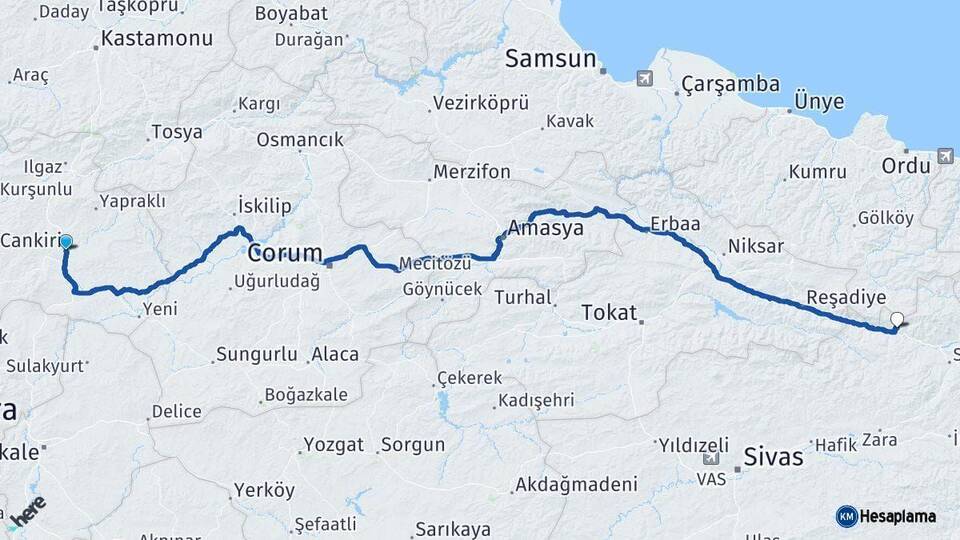 Çankırı Koyulhisar Sivas Arası Kaç Km - Yol Haritası