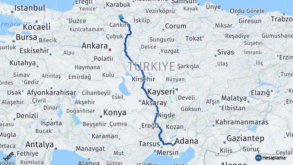 Çankırı Kurşunlu Adana Arası Kaç Km - Yol Haritası